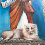 ...poi ho aggiunto la stola rossa sull�abito bianco e ho rivisto il disegno del leone, anche perch� quello di prima sembrava un gatto�